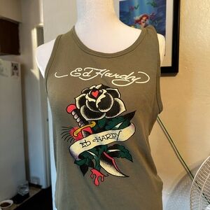Ed Hardy Olive Green Tank Top with Rose Graphic